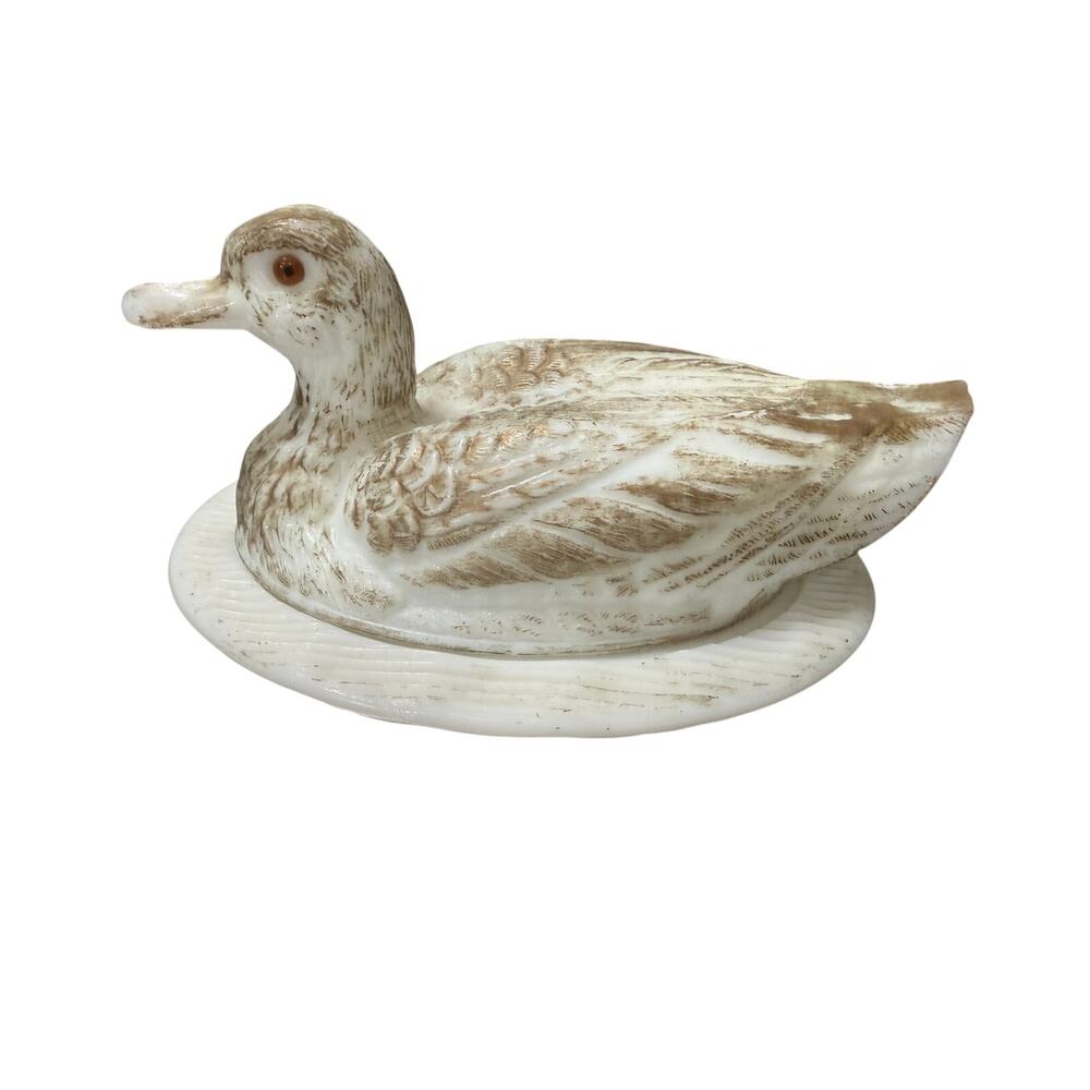 Westmoreland Duck in a Nest Basket White & Gold Brush Milk Glass 9" by 5"